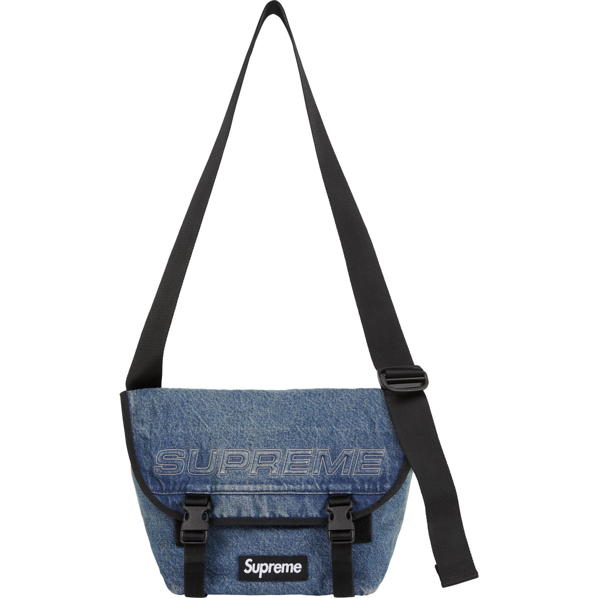 Supreme Reflective Logo Denim Messenger Bag Washed Indigo