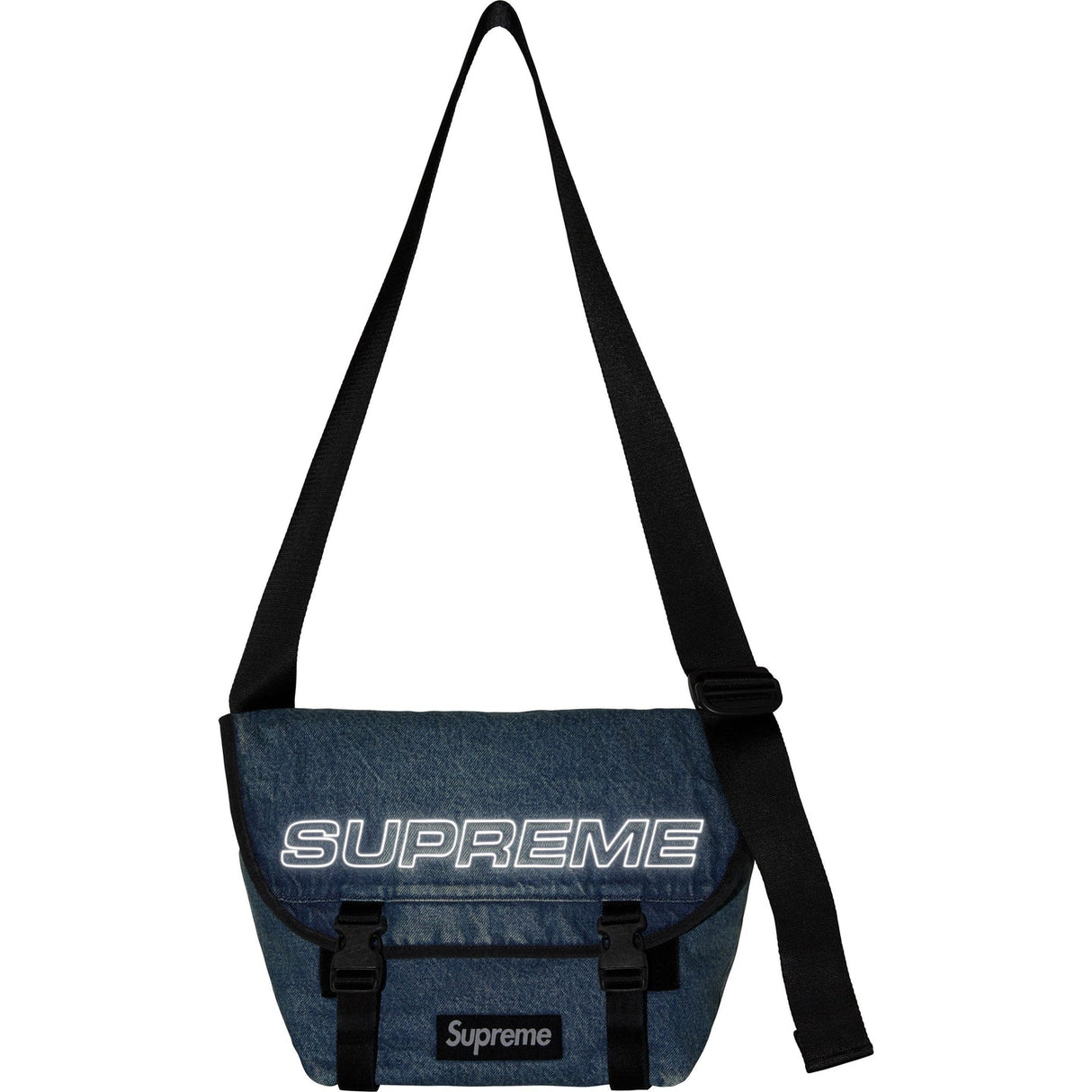 Supreme Reflective Logo Denim Messenger Bag Washed Indigo