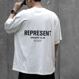 White REPRESENT Owners Club Logo Tee featuring the brand's signature graphic on a flat white cotton t-shirt.