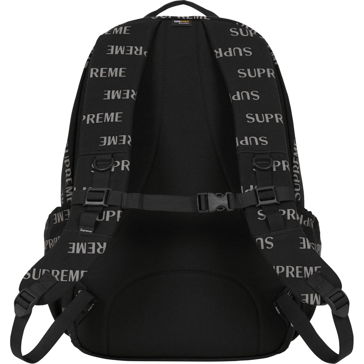 Supreme black reflective monogram logo backpack with silver logo and multiple compartments, stylish bags for everyday use.