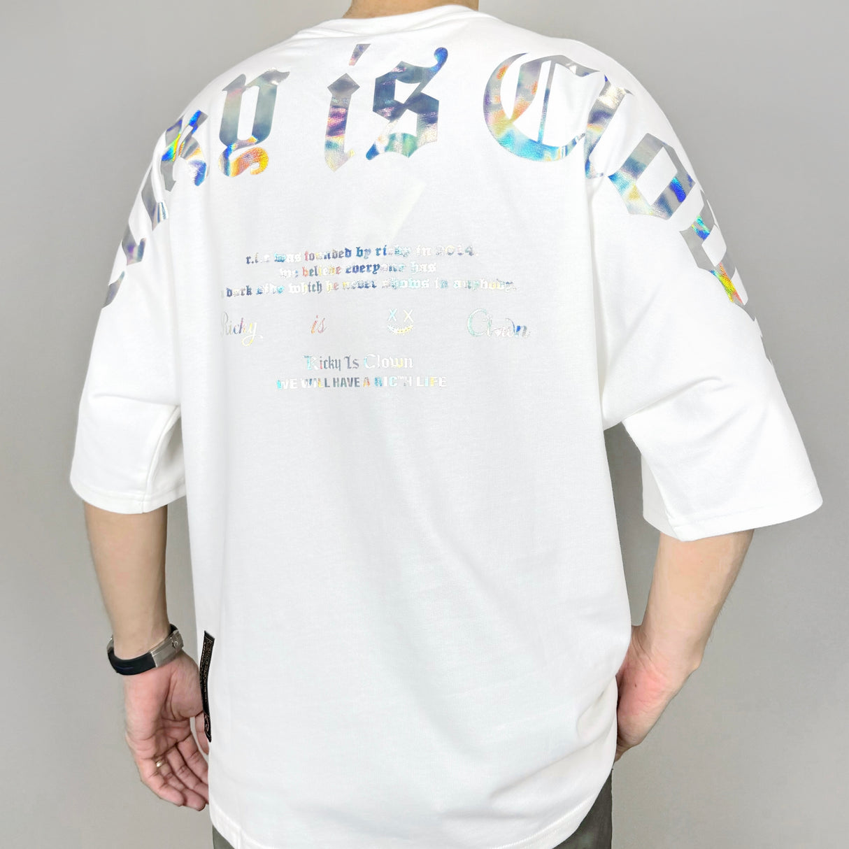 Rickyisclown [RIC] Holographic Gothic Logo Drop Shoulder Oversized Tee White [R9210322a-PPPP] RICKYISCLOWN RICKYISCLOWN - originalfook singapore
