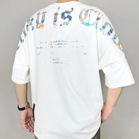 Rickyisclown [RIC] Holographic Gothic Logo Drop Shoulder Oversized Tee White [R9210322a-PPPP] RICKYISCLOWN RICKYISCLOWN - originalfook singapore
