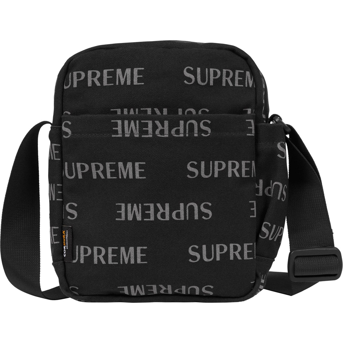 Supreme black shoulder bag with reflective monogram logo and silver branding, featuring a side view and sleek design.