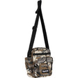 Supreme reflective monogram logo shoulder bag in predator camouflage with silver logo detail, side view showing the bag's design.