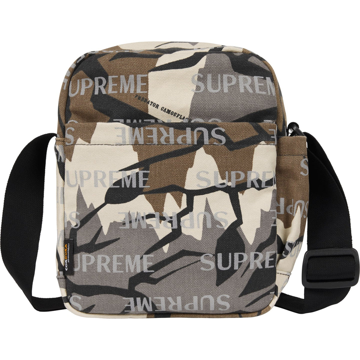Supreme reflective monogram logo shoulder bag in predator camo with silver logo detail, stylish and versatile accessory.