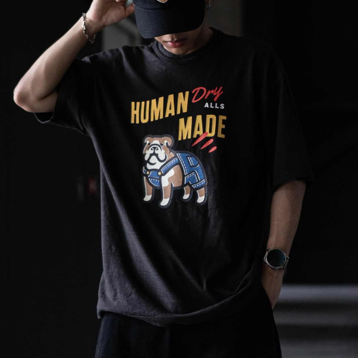 Human Made Bulldog Dry Alls Tee in black, casual men's t-shirt featuring a graphic of a bulldog on the front.