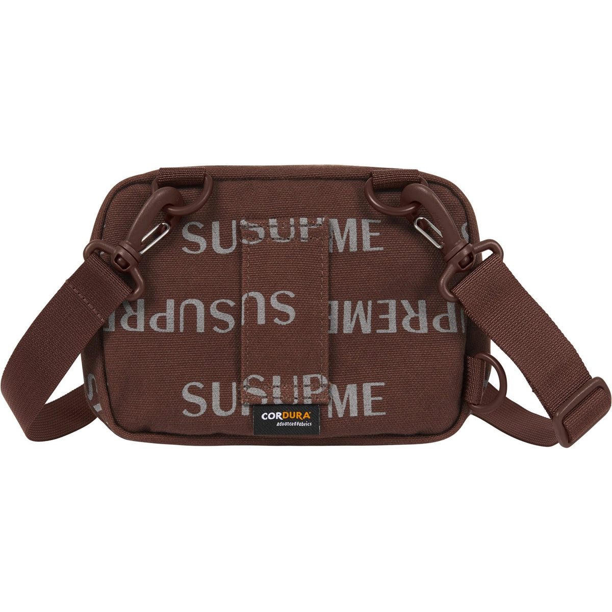 Supreme reflective monogram logo mini shoulder bag in brown with silver logo, featuring a compact design and adjustable strap.