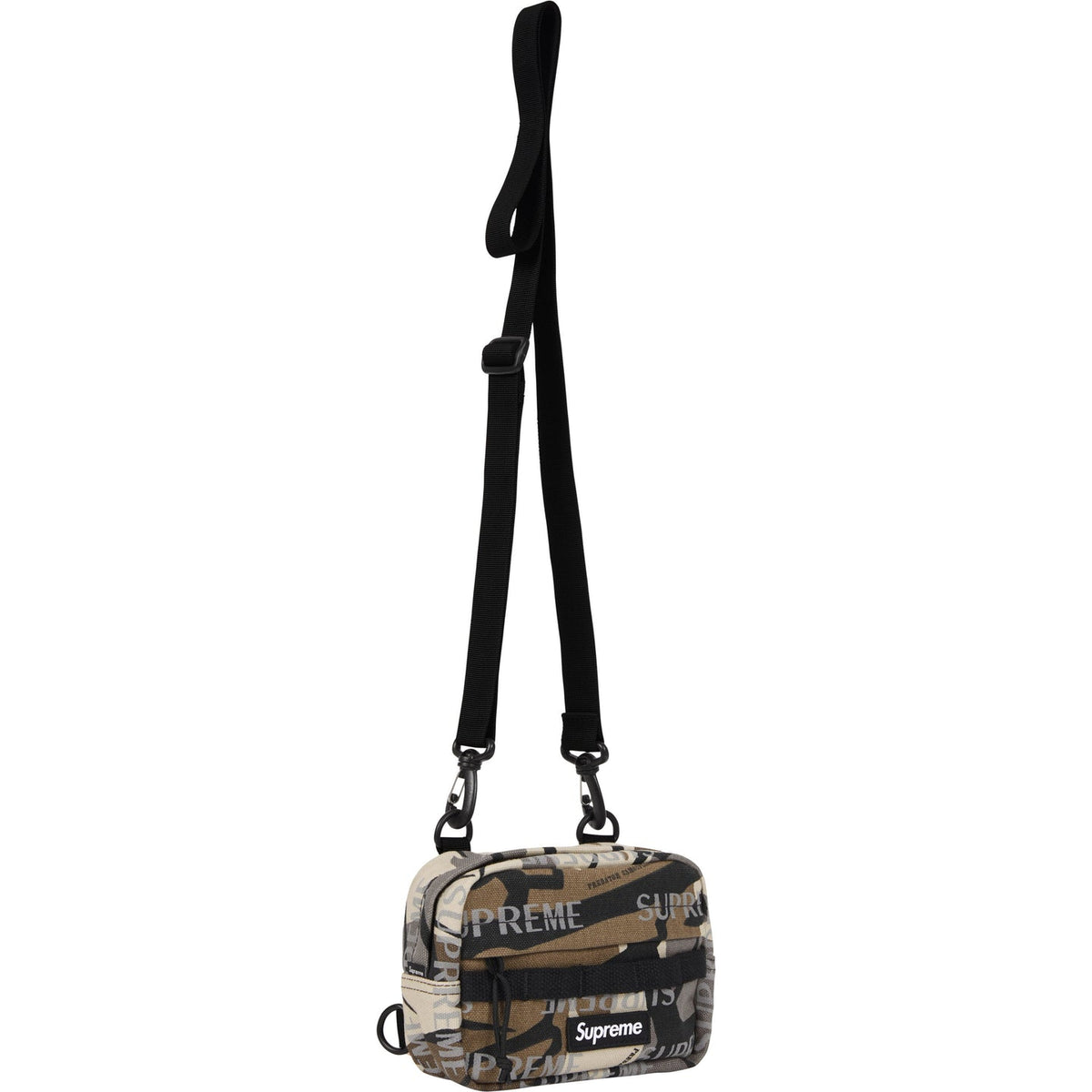 Supreme reflective monogram logo mini shoulder bag in predator camo with silver logo detail, compact and stylish accessory.