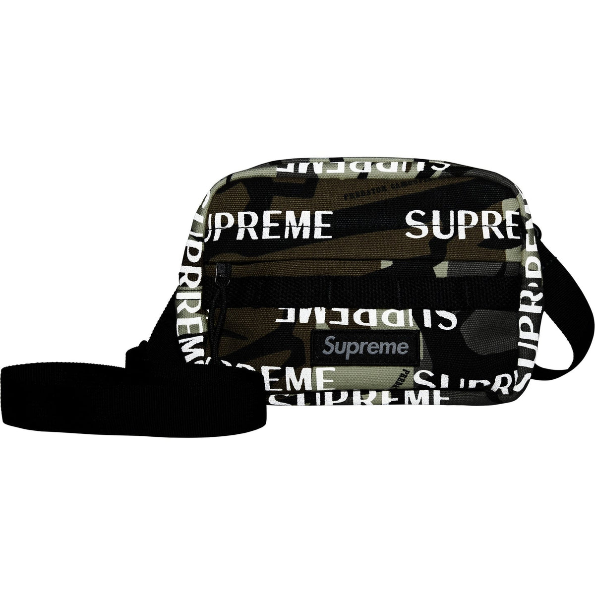 Supreme reflective monogram logo mini shoulder bag with predator camo pattern and silver logo detail.