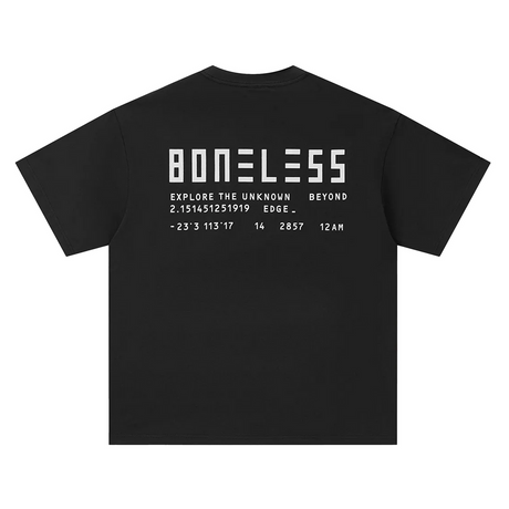 Black boneless signature slogan tee shirt with graphic design on the back, casual apparel by BONELESS.