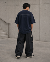 MasonPrince navy oversized reflective mock neck tee, casual apparel, showing front view with reflective details and relaxed fit.