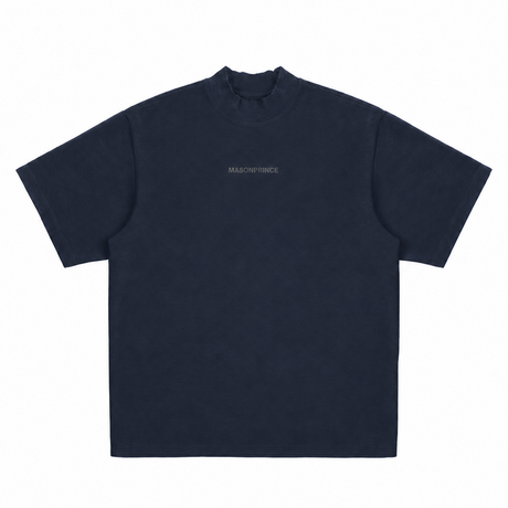 Navy MasonPrince Reflective Oversized Mock Neck Tee displayed on a hanger, highlighting its relaxed fit and reflective details.