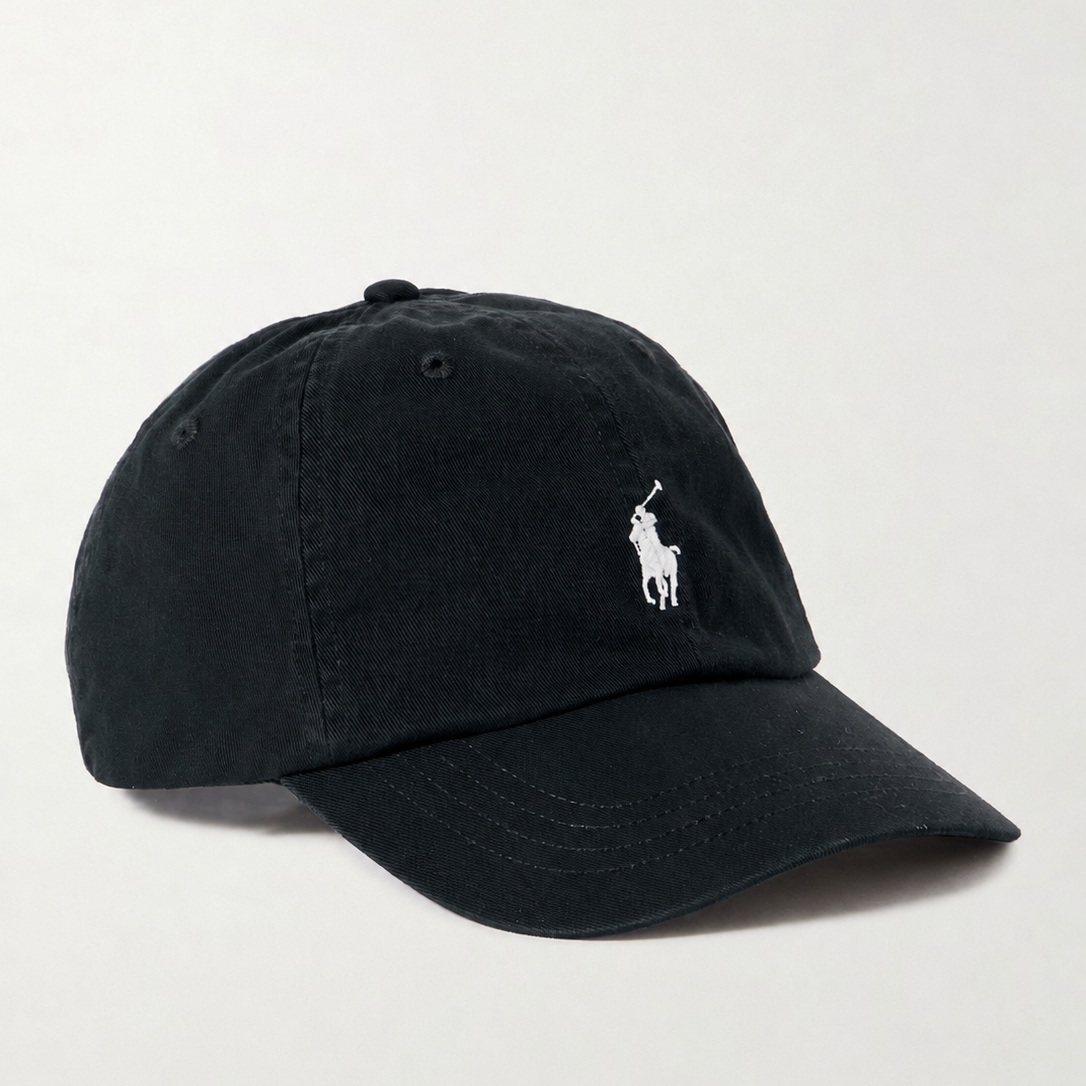 Black Polo Ralph Lauren baseball cap with embroidered logo, made of cotton-twill fabric, stylish headwear for casual wear.