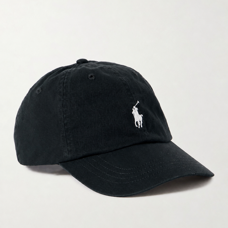 Black Polo Ralph Lauren baseball cap with embroidered logo, made of cotton-twill fabric, stylish headwear for casual wear.