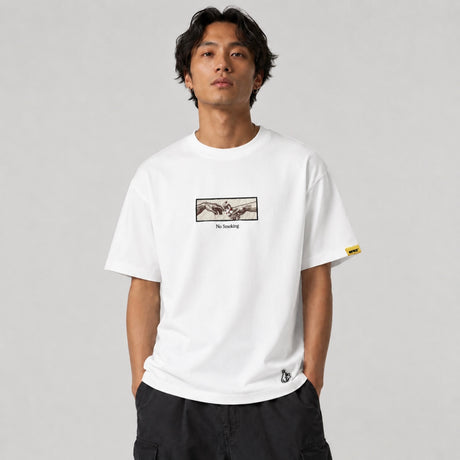 White FR2 Embroidery Smoking Art T-shirt featuring detailed smoking-themed embroidery on the front.