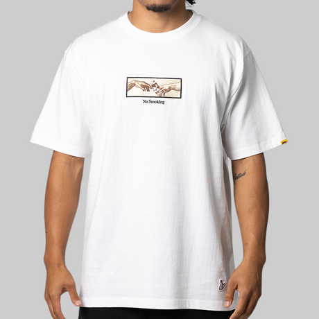 White FR2 embroidery smoking art T-shirt featuring intricate design on the front, casual apparel for streetwear style.