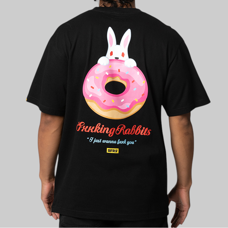 Black FR2 Sugar Donut T-shirt featuring a colorful donut graphic on the front, casual streetwear style.