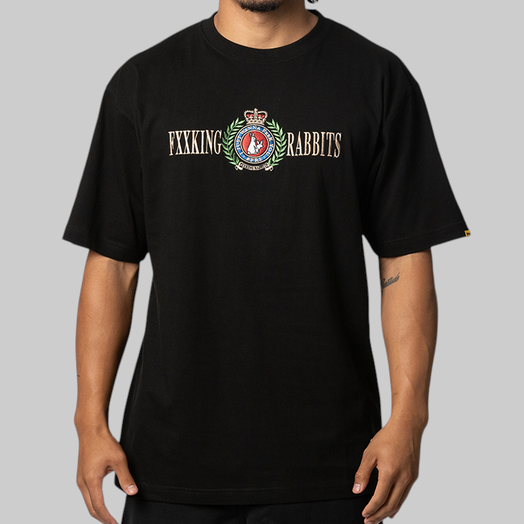 Black FR2 emblem icon tee shirt with a graphic logo on the front, casual apparel by #FR2.