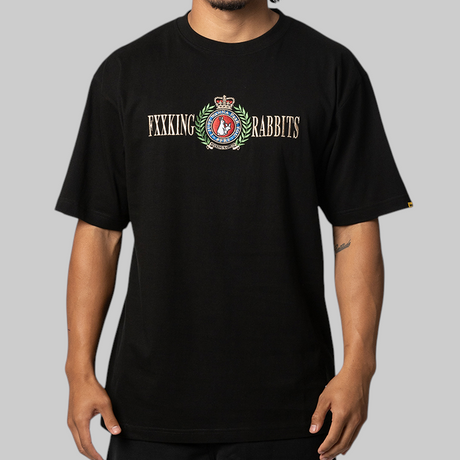 Black FR2 emblem icon tee shirt with a graphic logo on the front, casual apparel by #FR2.