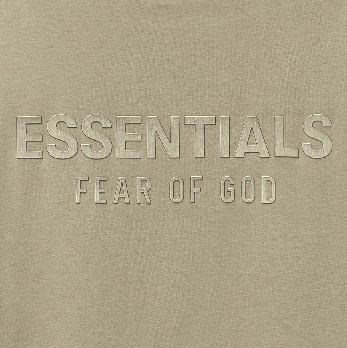 Fear of God Essentials metallic logo classic fit tee in abbey stone, showing the front view of the stylish apparel.