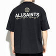 AllSaints washed black emblem logo tee, casual apparel with a printed brand emblem on the front, displayed on a hanger.