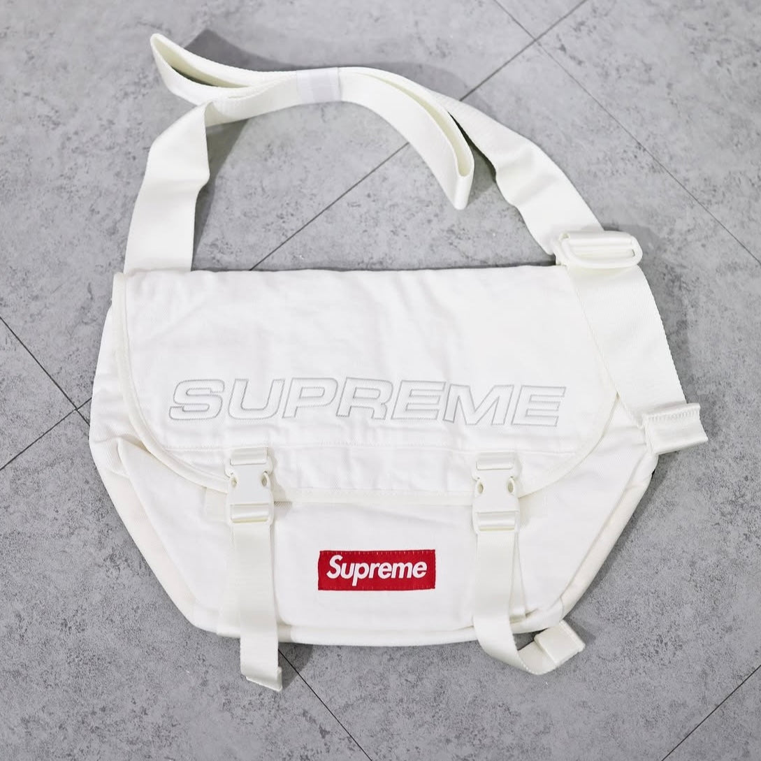 Supreme Reflective Logo Denim Messenger Bag White
