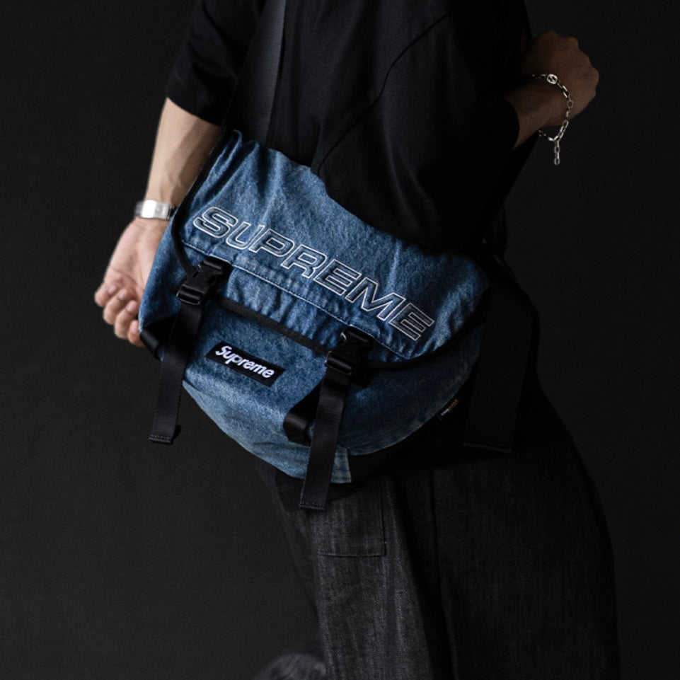 Supreme Reflective Logo Denim Messenger Bag Washed Indigo