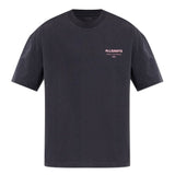 AllSaints Underground Logo Tee in washed black with pink logo, casual short-sleeve cotton T-shirt for everyday wear.