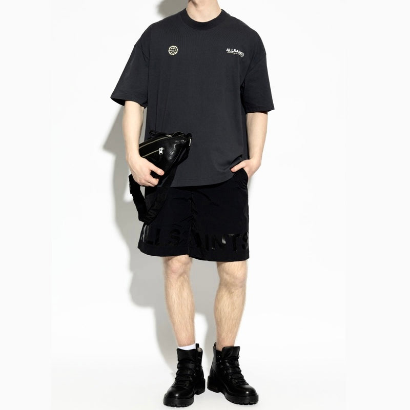 AllSaints washed black emblem logo T-shirt, casual apparel featuring the brand's distinctive logo on the front.