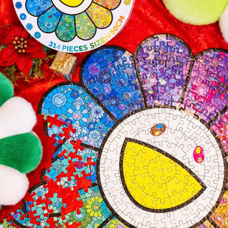 Takashi Murakami Flower Forest 50cm jigsaw puzzle with vibrant, colorful floral artwork, showcasing the detailed puzzle pieces.