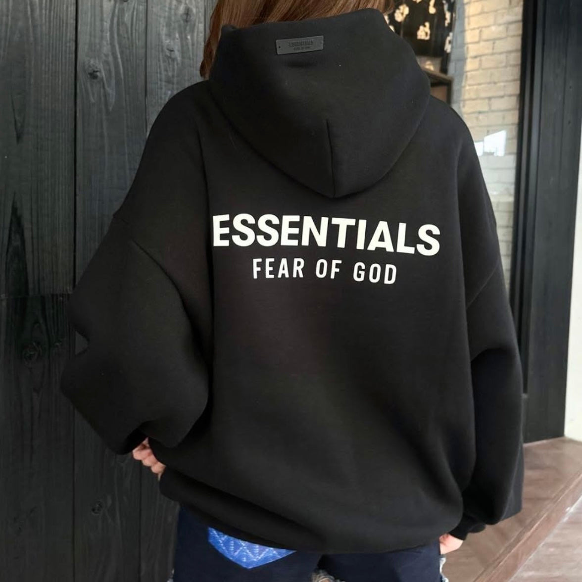 Fear Of God Essentials Signature Logo Black Hoodie - ORIGINALFOOK