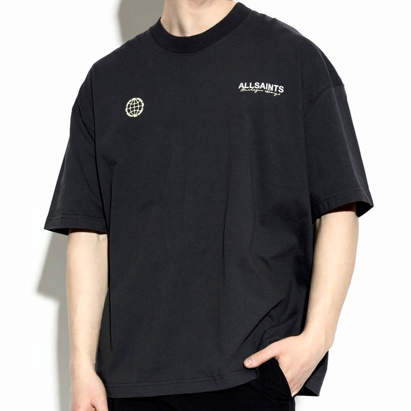 AllSaints washed black emblem logo tee, casual apparel with front logo design, shown on a plain background.