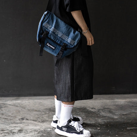Supreme Reflective Logo Denim Messenger Bag Washed Indigo