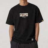 Black FR2 embroidery smoking art tee shirt featuring detailed graphic design on the front.