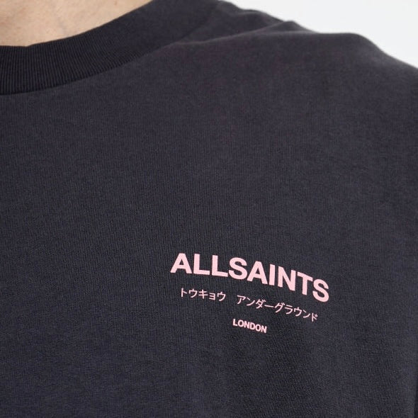 AllSaints Underground Logo Tee in washed black with pink print, casual short-sleeve apparel for everyday wear.