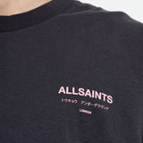 AllSaints Underground Logo Tee in washed black with pink print, casual short-sleeve apparel for everyday wear.