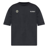 AllSaints washed black emblem logo tee, casual apparel with a front logo design, shown on a plain background.