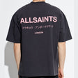 AllSaints Underground Logo T-shirt in washed black with pink lettering, casual fit, cotton fabric, front logo design.