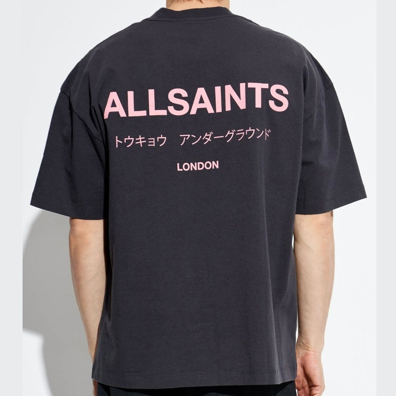 AllSaints Underground Logo T-shirt in washed black with pink lettering, casual fit, cotton fabric, front logo design.