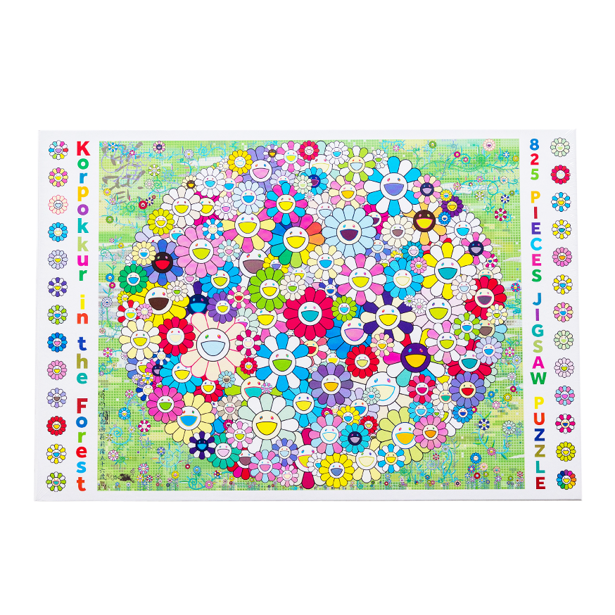 Takashi Murakami Korpokkur in the Forest 825-piece jigsaw puzzle accessory featuring colorful forest artwork by TAKASHI MURAKAMI.