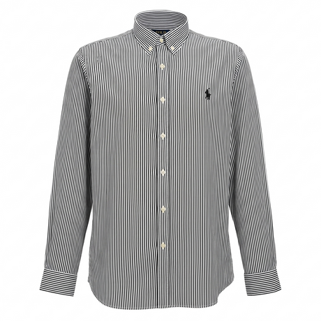 Polo Ralph Lauren long sleeve poplin shirt with logo embroidery and pinstriped pattern, featuring a classic collar and button front.