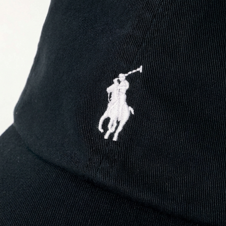 Black Polo Ralph Lauren baseball cap with embroidered logo, made of cotton twill, featuring a classic headwear design.