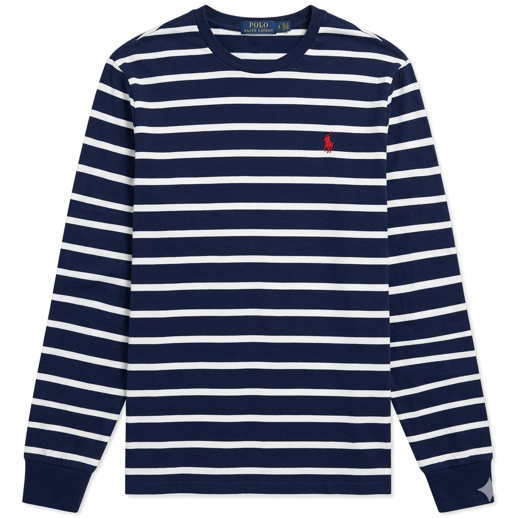 Navy striped Polo Ralph Lauren classic fit heavyweight long sleeve tee, casual men's apparel, soft fabric and comfortable fit.