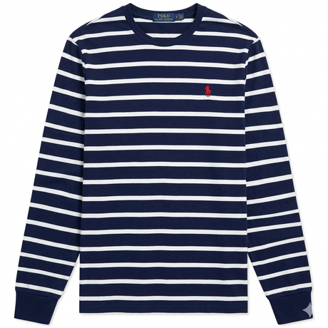 Navy striped Polo Ralph Lauren classic fit heavyweight long sleeve tee, casual men's apparel, soft fabric and comfortable fit.