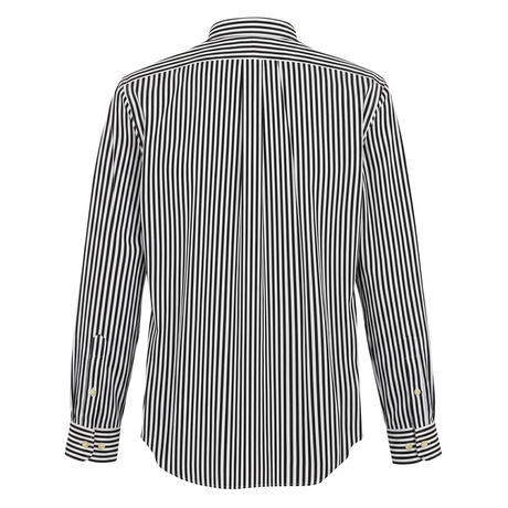 Long sleeve Polo Ralph Lauren poplin shirt with embroidered logo and pinstripes, showcasing classic style and quality fabric.