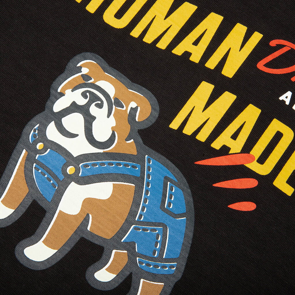 Black Human Made Bulldog Dry Alls Tee shirt featuring a graphic design, casual short-sleeve apparel for streetwear style.