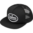 Black Supreme mesh trucker cap with adjustable snapback closure and embroidered logo, headwear by SUPREME.