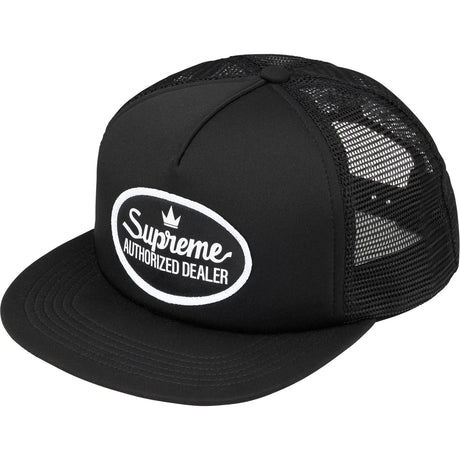Black Supreme mesh trucker cap with adjustable snapback closure and embroidered logo, headwear by SUPREME.
