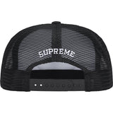 Black Supreme authorized dealer mesh trucker cap with adjustable snapback closure and embroidered logo on front.