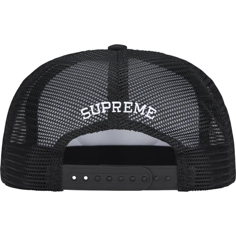 Black Supreme authorized dealer mesh trucker cap with adjustable snapback closure and embroidered logo on front.